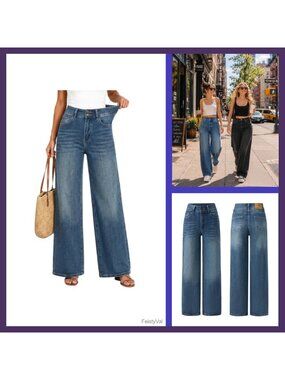 High Waisted Wide Leg Jeans Stretchy Relaxed Fit Women's Pants